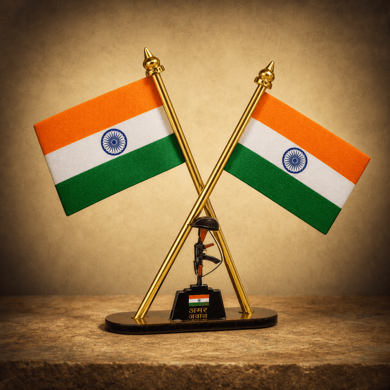Crossed Indian desk flags above an Amar Jawan memorial miniature