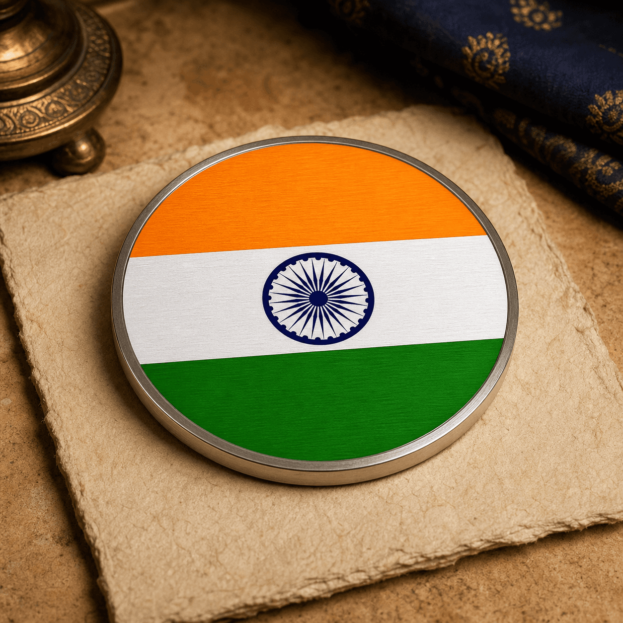 Round brushed-metal tricolour coaster with a navy Ashoka Chakra