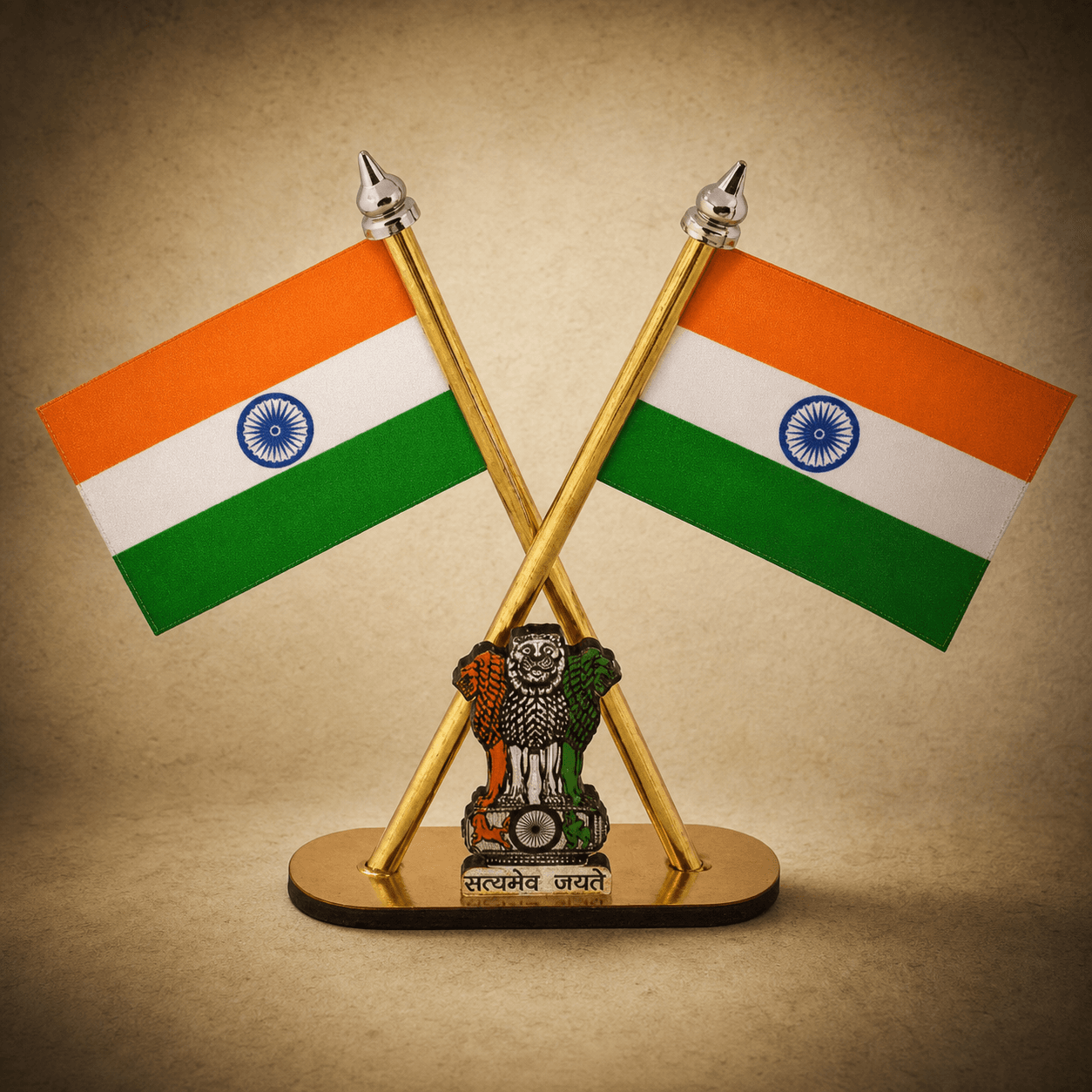 Crossed Indian desk flags with a Lion Capital of Ashoka reference motif