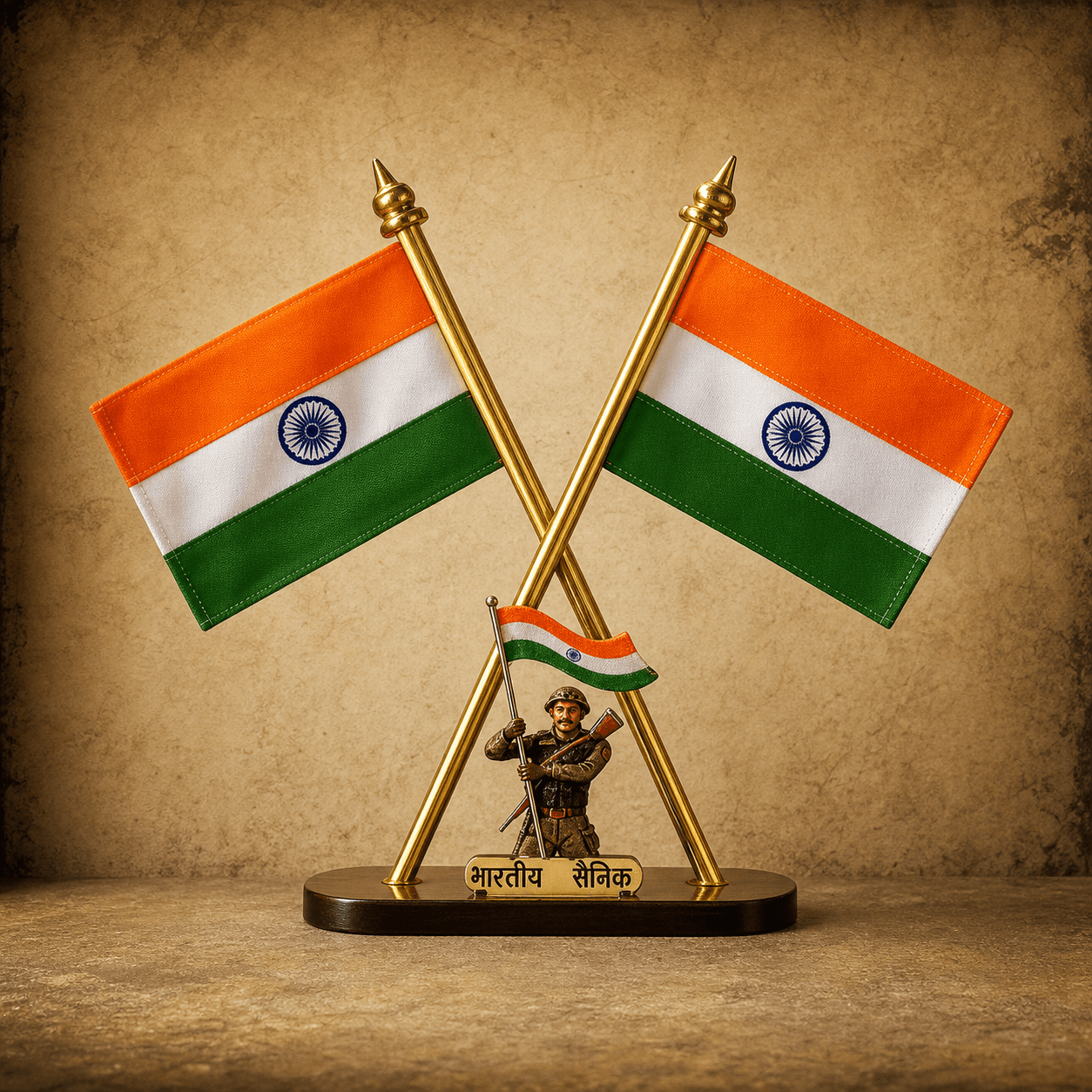 Crossed Indian desk flags with an Indian soldier tribute miniature